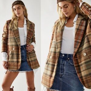 Free People Wool Mari Tartan Plaid Blazer Winter Wheat XL Dark Academia Preppy